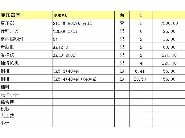 80KVA箱式變電站中變壓器室造價？